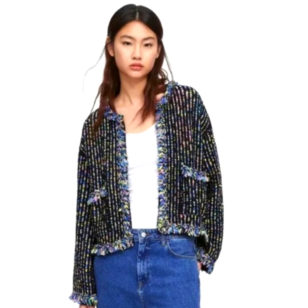 Zara Runway Knit Chenille Jacket Raw Trim NWOT Black Multicolored Crochet Sz. M